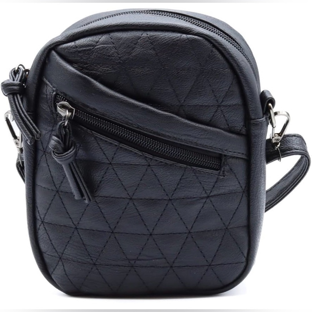 Vegan Leather Black Quilted Crossbody Bag, Cell Phone Bag with Adjustable Strap